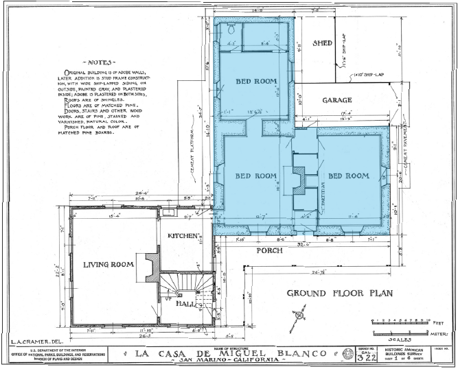 The Michael White Adobe floor plan, as drawn in 1935 for the Historic American Building Survey (HABS). The shaded area shows the plan of the existing adobe building. The two-story wood-framed addition (lower left) built in 1870 was relocated to San Gabriel around 1947. Library of Congress.