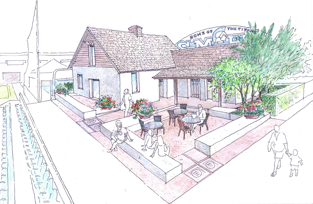 Image of the Michael White Adobe rendering with stundents to sit down outside the adobe after the rehabilitation.